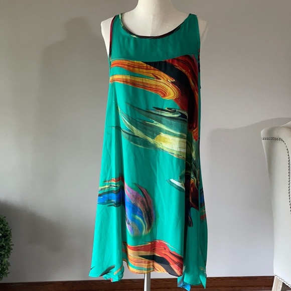 GREEN Trapeze chiffon overlay DRESS  SLEEVELESS HIGH LOW paint brush pattern 12 - Picture 2 of 10